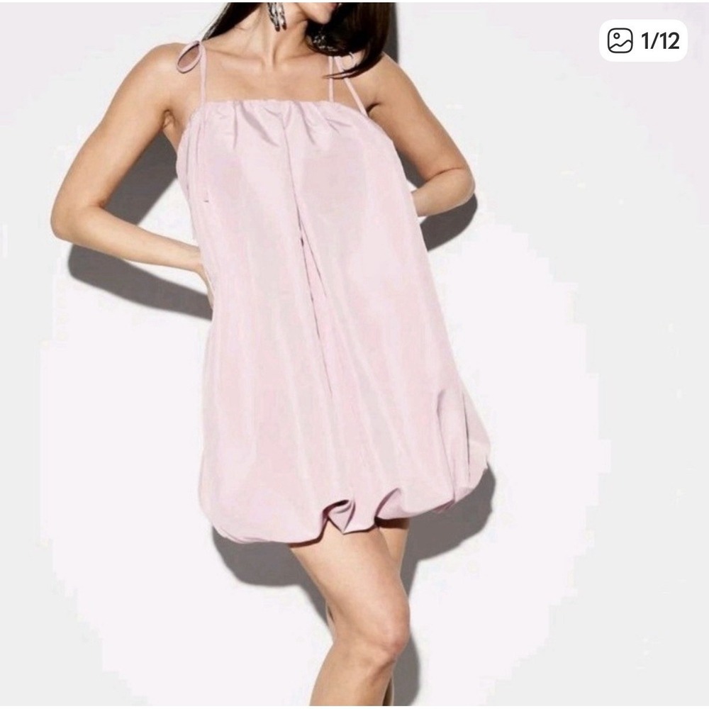 Taffeta Bubble Hem‎ Pink Mini Strappy Dress Coquette NWT Pastel Satin L
